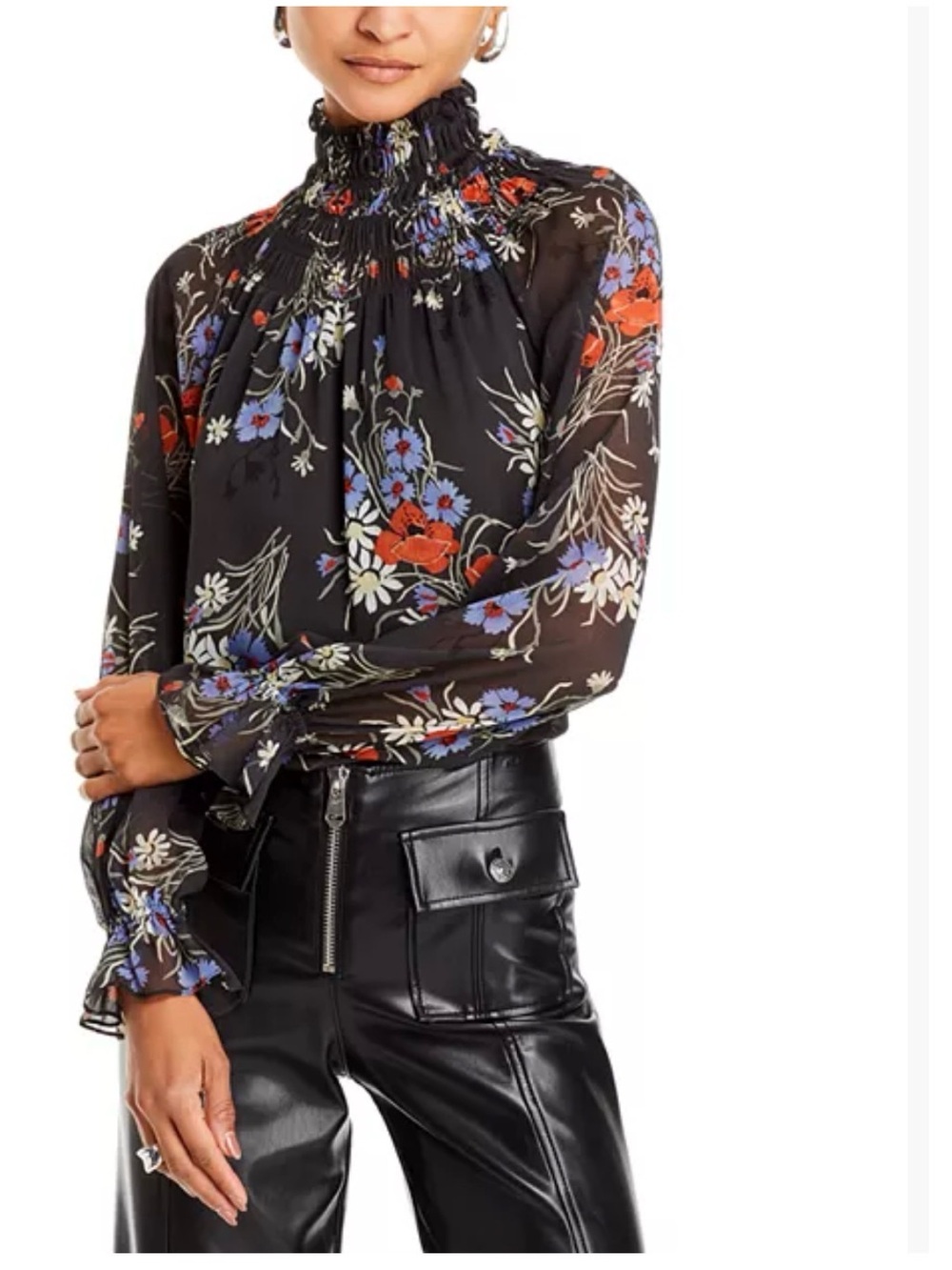 Cinq a Sept XL Avalyn black sheer wild poppy high smock neck Cottagecore blouse